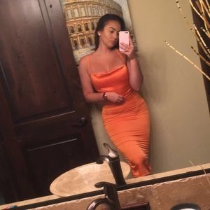 RUST SATIN COWL NECK MIDI DRESS